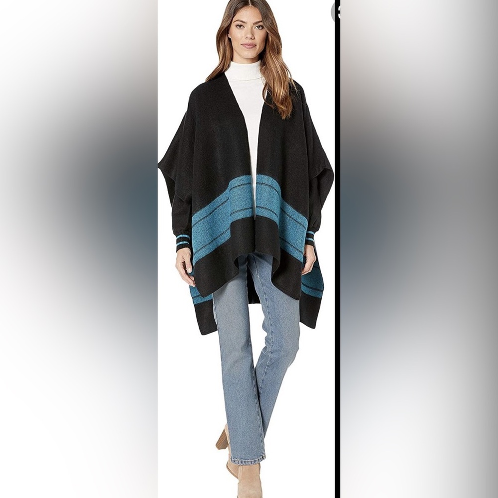 Wrangler Retro Black & Teal Stripe Knit Cape Poncho Shawl S/M